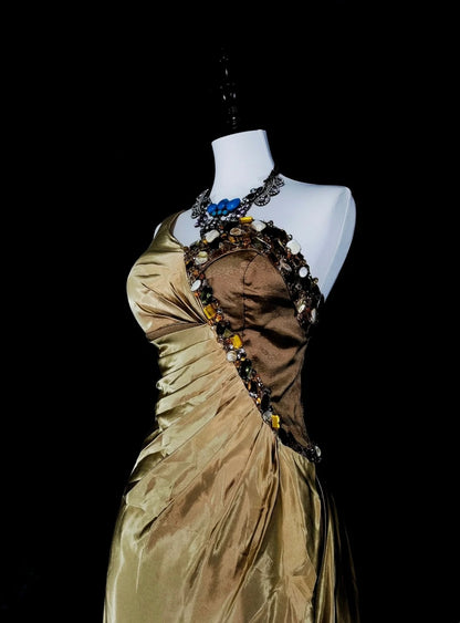 Vintage Prom Dresses A Line One Shoulder Yellow Satin With Beads Folds Long Formal Dress N2386