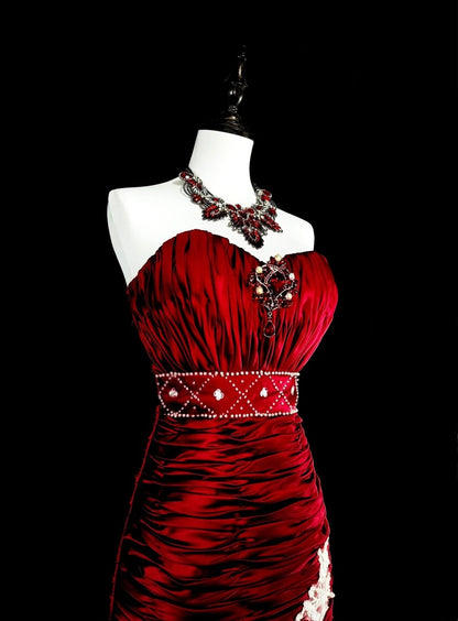 Robes de bal vintage sirène bustier en satin bordeaux avec dentelle blanche longue robe de soirée N2377