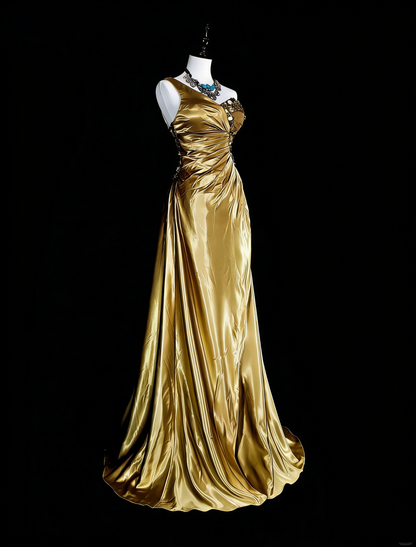 Vintage Prom Dresses A Line One Shoulder Yellow Satin With Beads Folds Long Formal Dress N2386