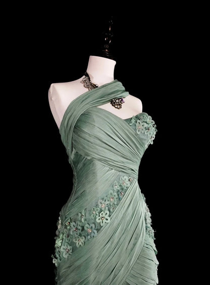 Vintage Ballkleider Ästhetik Meerjungfrau One Shoulder Salbeigrün Chiffon mit Applikationen Langes Abendkleid N2161
