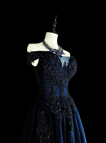 Vintage 1980s A Line Off The Shoulder Navy Blue Tulle With Sleeves Lace Long Prom Formal Dresses N1604