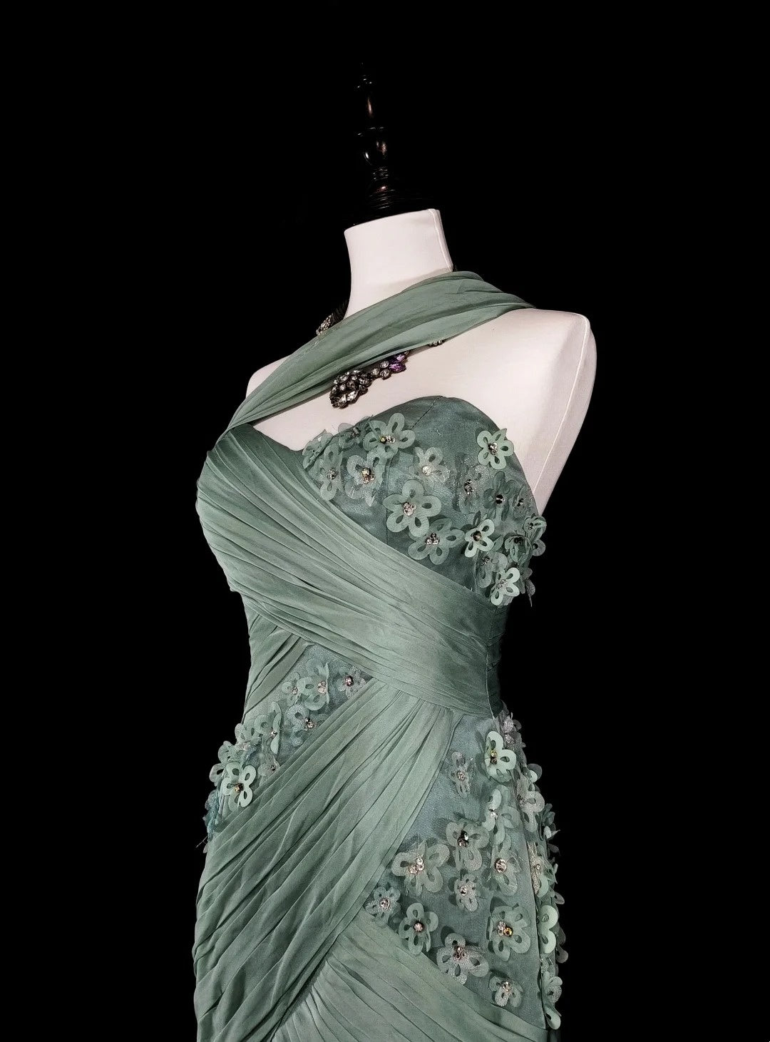 Vintage Ballkleider Ästhetik Meerjungfrau One Shoulder Salbeigrün Chiffon mit Applikationen Langes Abendkleid N2161