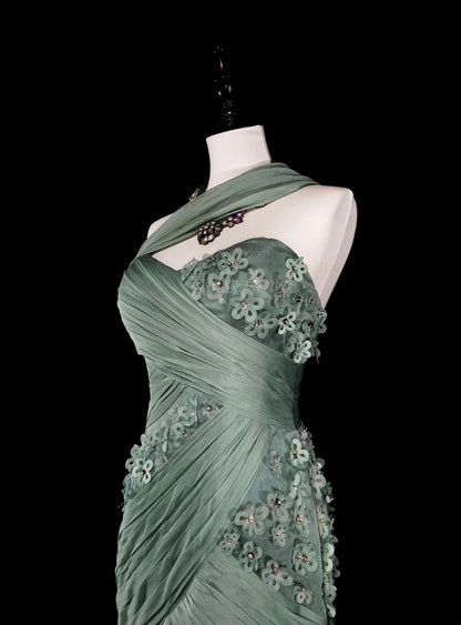 Vintage Ballkleider Ästhetik Meerjungfrau One Shoulder Salbeigrün Chiffon mit Applikationen Langes Abendkleid N2161