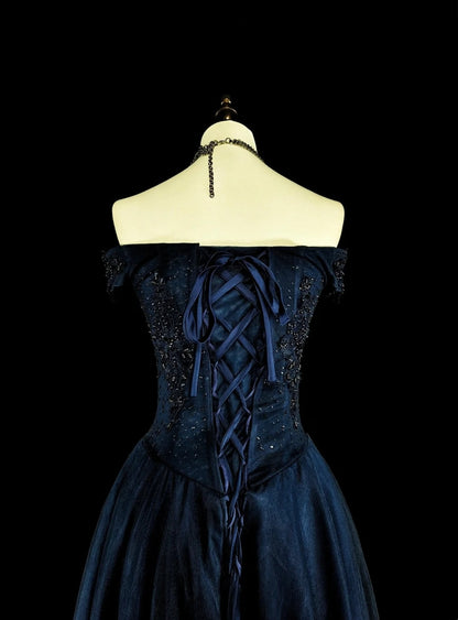 Vintage 1980s A Line Off The Shoulder Navy Blue Tulle With Sleeves Lace Long Prom Formal Dresses N1604