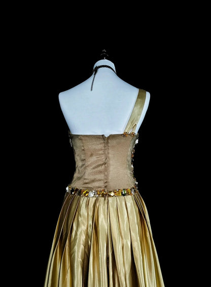 Vintage Prom Dresses A Line One Shoulder Yellow Satin With Beads Folds Long Formal Dress N2386