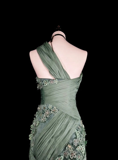 Vintage Ballkleider Ästhetik Meerjungfrau One Shoulder Salbeigrün Chiffon mit Applikationen Langes Abendkleid N2161