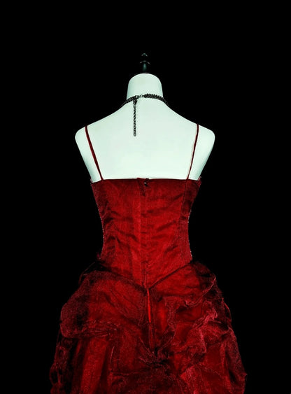 Robe de bal élégante à bretelles spaghetti en tulle bordeaux, inspiration robe de soirée longue N1843