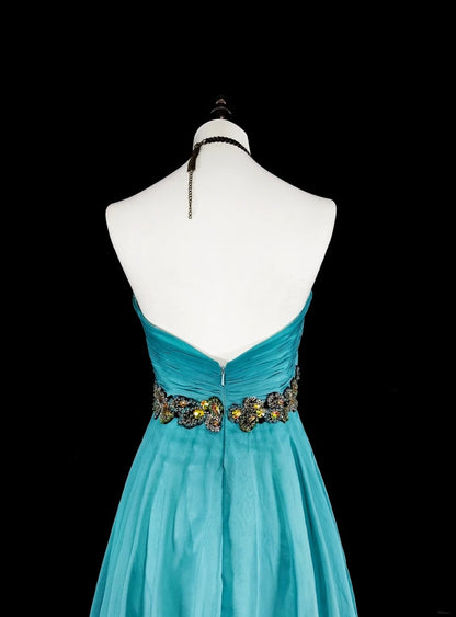 Robe de bal vintage, esthétique années 50, rétro chic, bleu ombré, coupe trapèze, longue, ornée de perles, N2006
