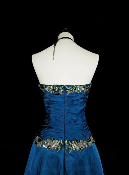 Robe de bal longue vintage en mousseline bleue Sweethart, coupe trapèze, N1824