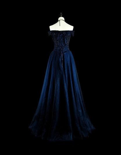 Vintage 1980s A Line Off The Shoulder Navy Blue Tulle With Sleeves Lace Long Prom Formal Dresses N1604