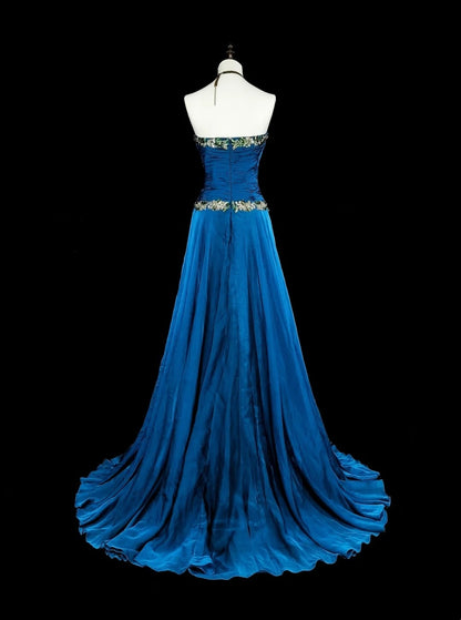 Robe de bal longue vintage en mousseline bleue Sweethart, coupe trapèze, N1824