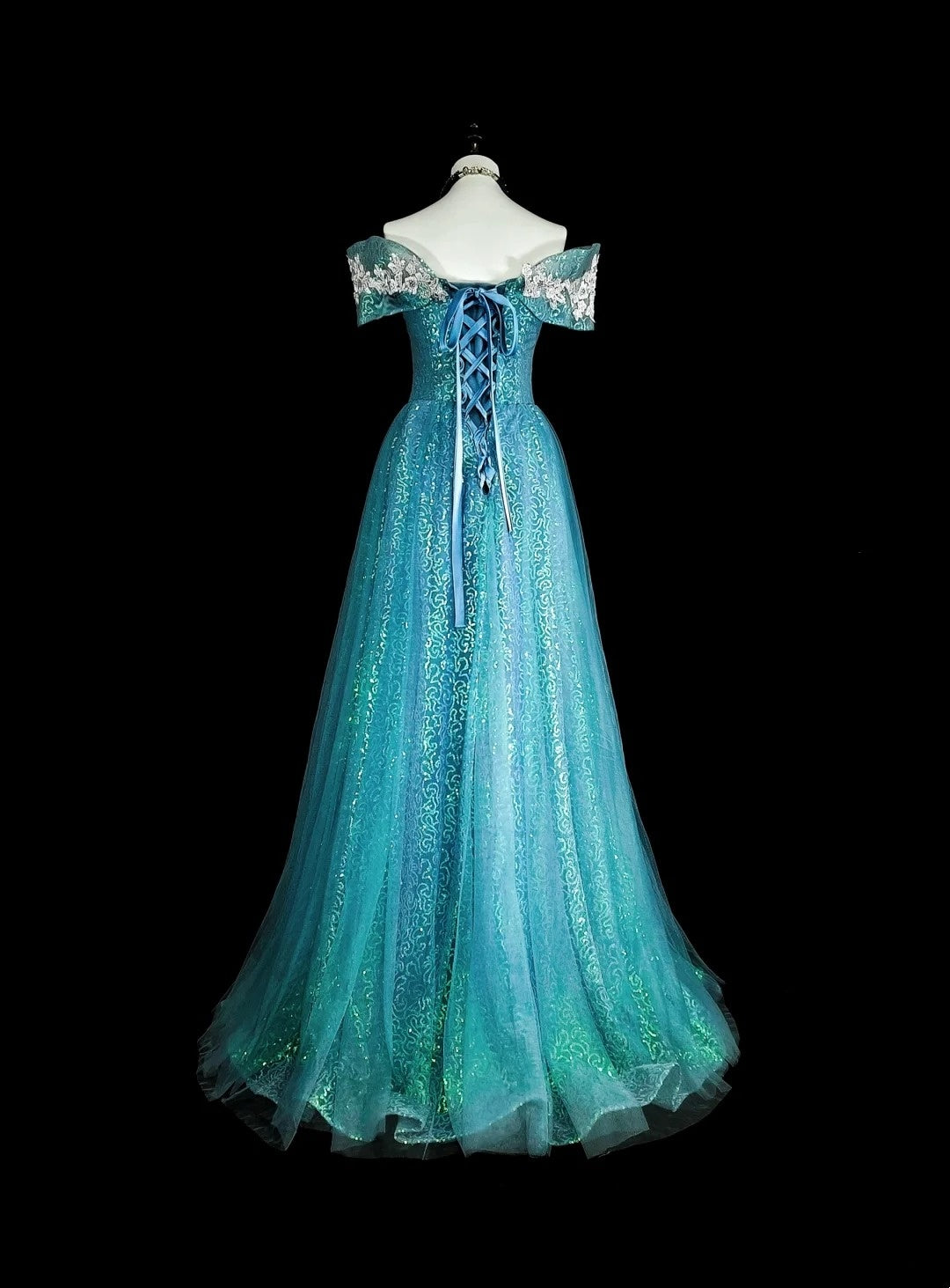 Verträumte Abschlussballkleider Ästhetik 80er Retro Schulterfrei Hellblau Tüll Spitze Lange Festliche Outfits N2364