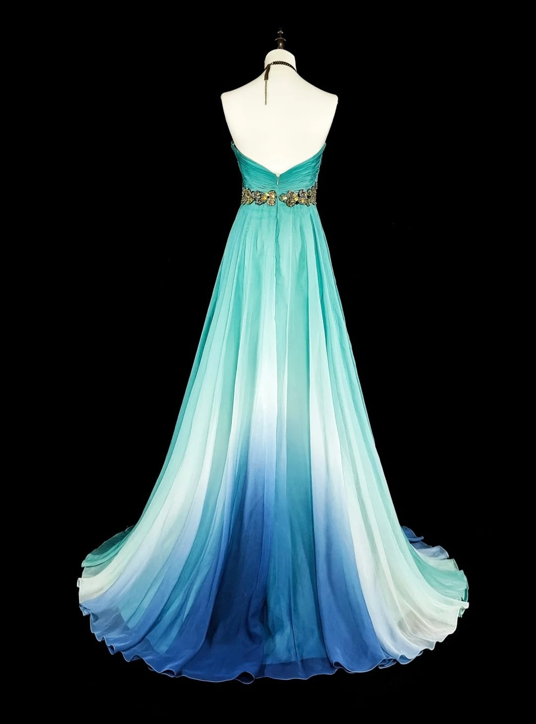 Robe de bal vintage, esthétique années 50, rétro chic, bleu ombré, coupe trapèze, longue, ornée de perles, N2006