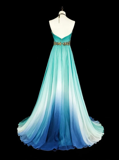 Robe de bal vintage, esthétique années 50, rétro chic, bleu ombré, coupe trapèze, longue, ornée de perles, N2006