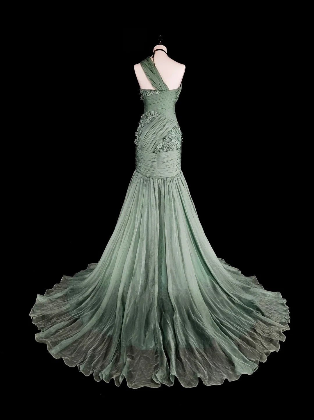 Vintage Ballkleider Ästhetik Meerjungfrau One Shoulder Salbeigrün Chiffon mit Applikationen Langes Abendkleid N2161