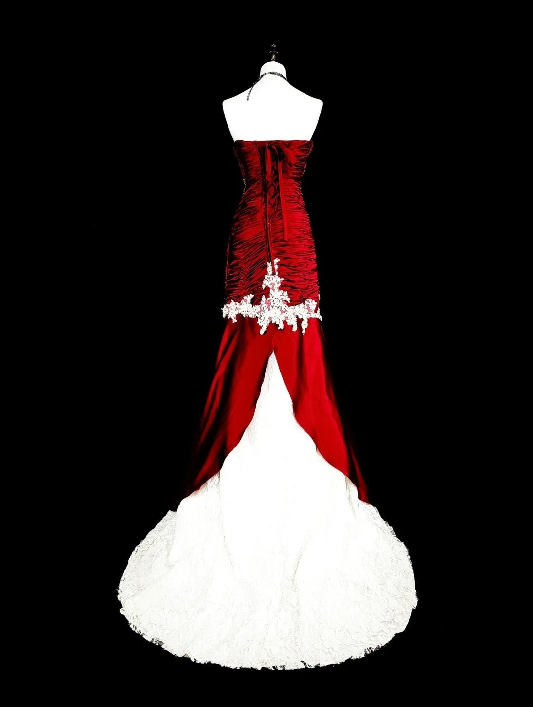 Robes de bal vintage sirène bustier en satin bordeaux avec dentelle blanche longue robe de soirée N2377