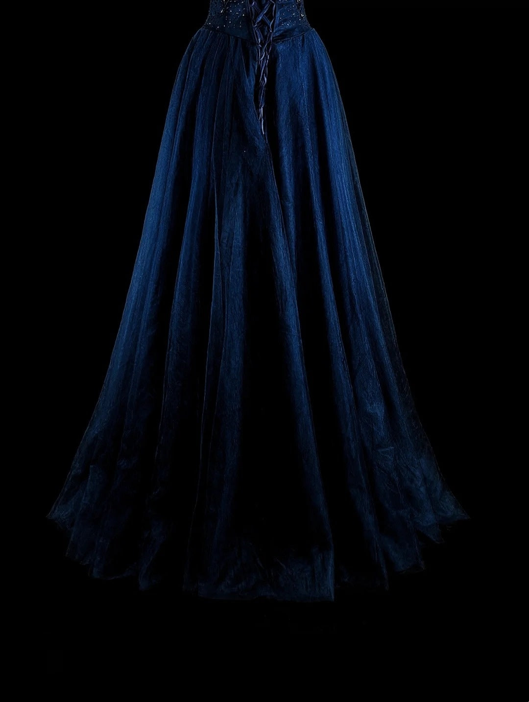 Vintage 1980s A Line Off The Shoulder Navy Blue Tulle With Sleeves Lace Long Prom Formal Dresses N1604