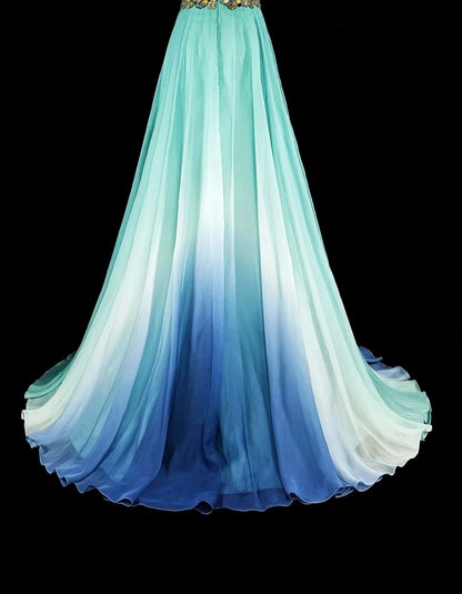Robe de bal vintage, esthétique années 50, rétro chic, bleu ombré, coupe trapèze, longue, ornée de perles, N2006
