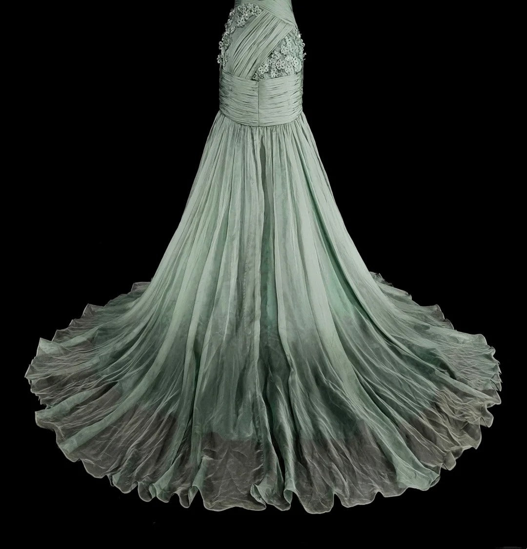 Vintage Ballkleider Ästhetik Meerjungfrau One Shoulder Salbeigrün Chiffon mit Applikationen Langes Abendkleid N2161