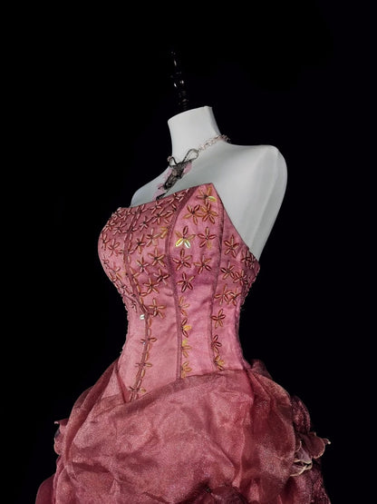 Robe de bal d'époque pour le bal des finissants, esthétique rétro des années 50, robe de soirée longue rose sans bretelles N2021