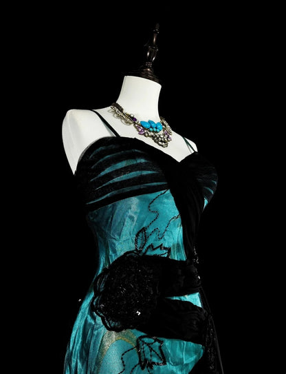 Robe de bal longue vintage années 1960, sirène, bretelles spaghetti, tulle noir, satin vert, sans manches, N1585