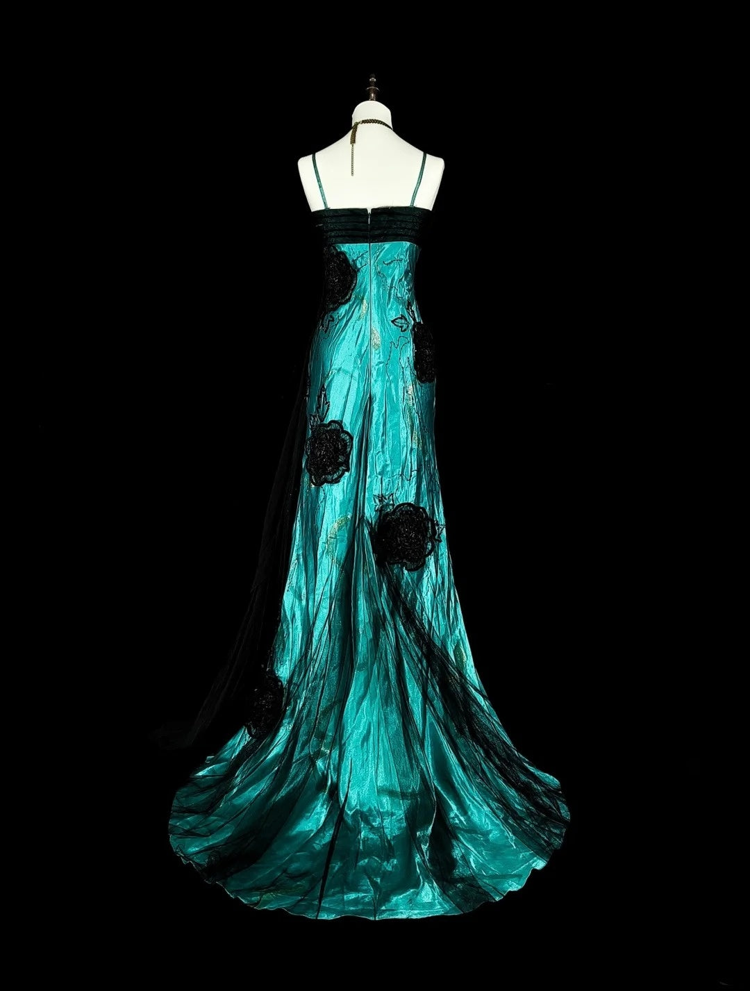 Robe de bal longue vintage années 1960, sirène, bretelles spaghetti, tulle noir, satin vert, sans manches, N1585