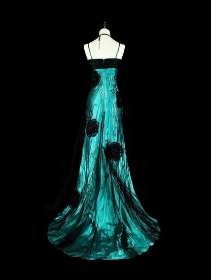 Robe de bal longue vintage années 1960, sirène, bretelles spaghetti, tulle noir, satin vert, sans manches, N1585