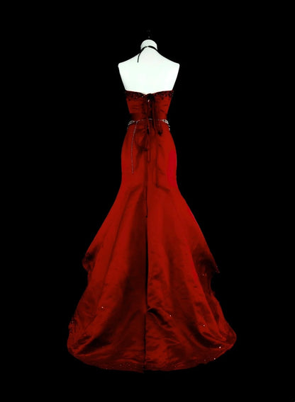 Vintage Abschlussballkleider Meerjungfrau Rot Trägerlos mit Perlenstickerei 1970er Lang Abendkleid N2699