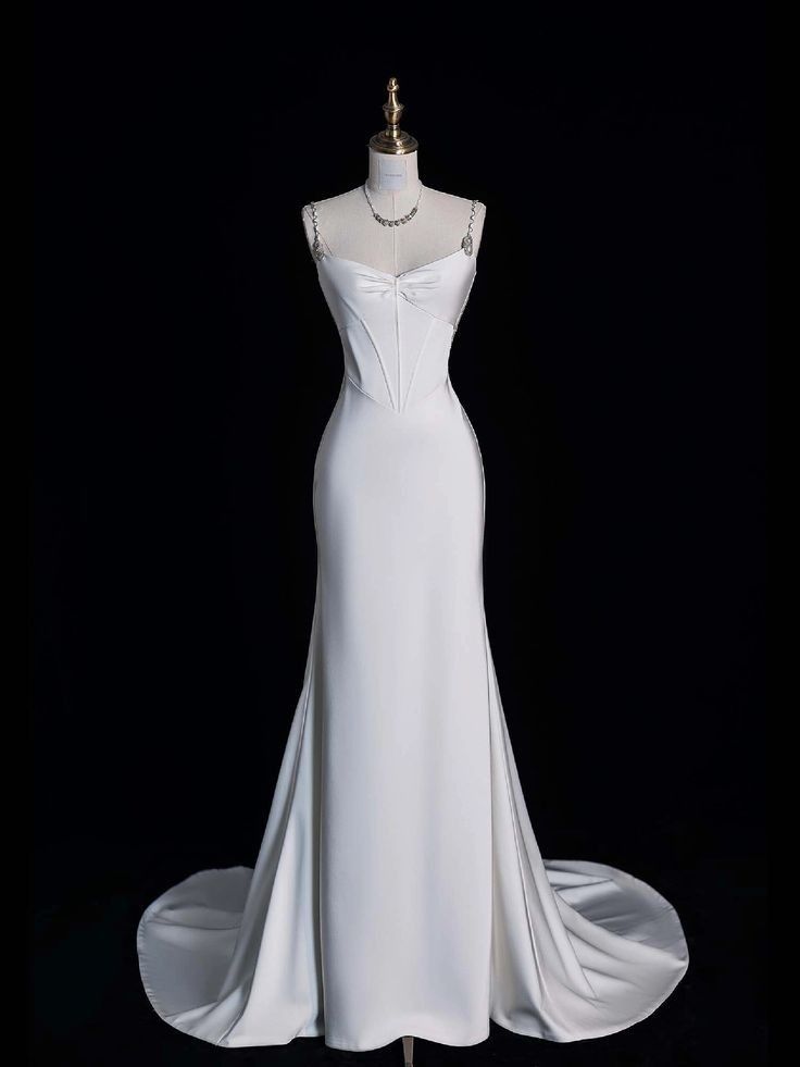 Einzigartiges Meerjungfrauen-Brautkleid aus weißem Satin mit Spaghettiträgern, langes Brautkleid AB993