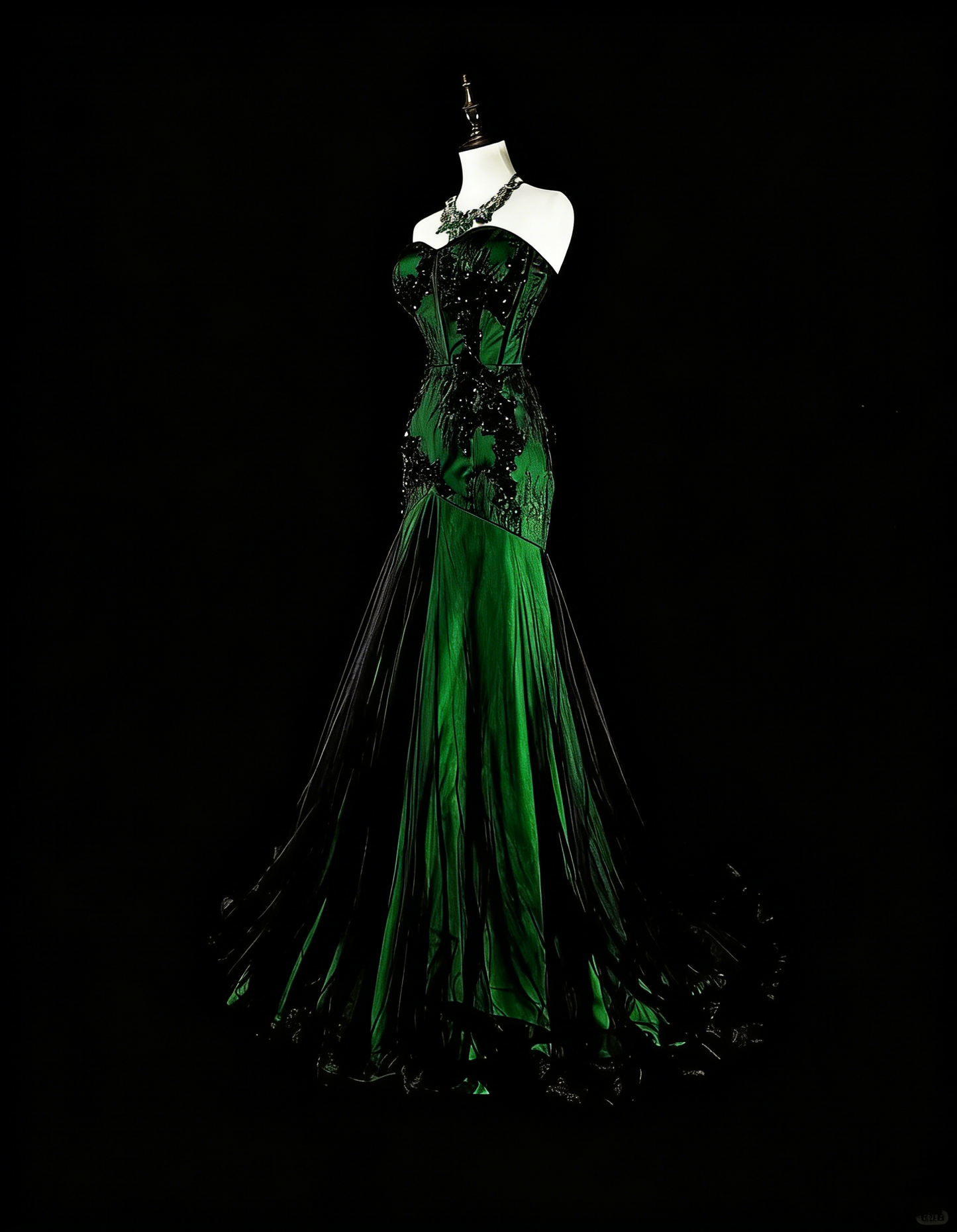 Robe de bal longue vintage années 1760, style sirène, bustier vert avec appliques noires N1606