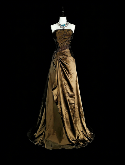 Robe de bal vintage, style rétro années 1950, sirène, bustier, longue, marron, ornée de perles N2009