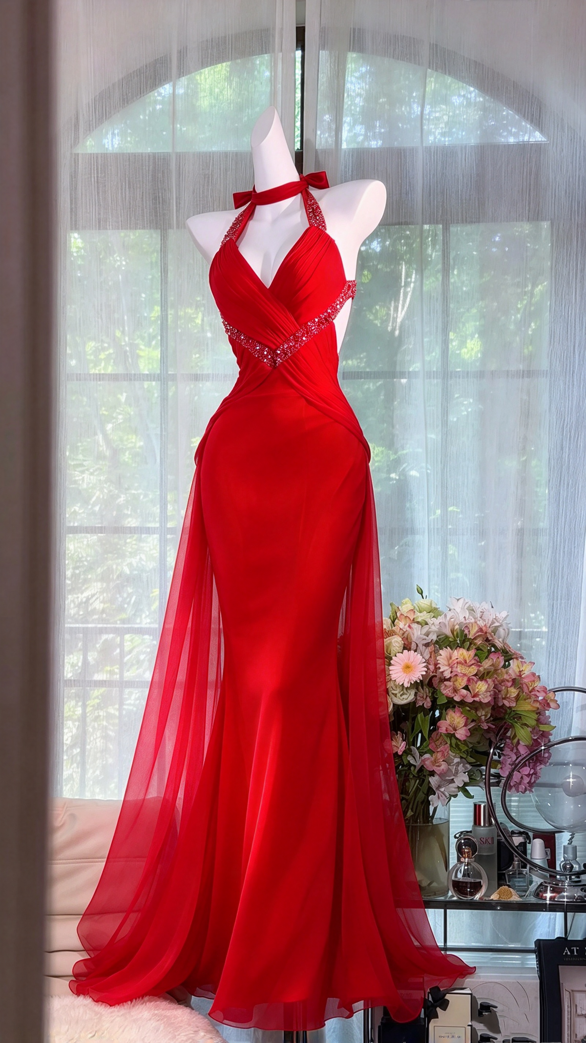 Modest Prom Dresses Mermaid Halter Red Chiffon Floor Length With Beading Long Formal Dress RC1281