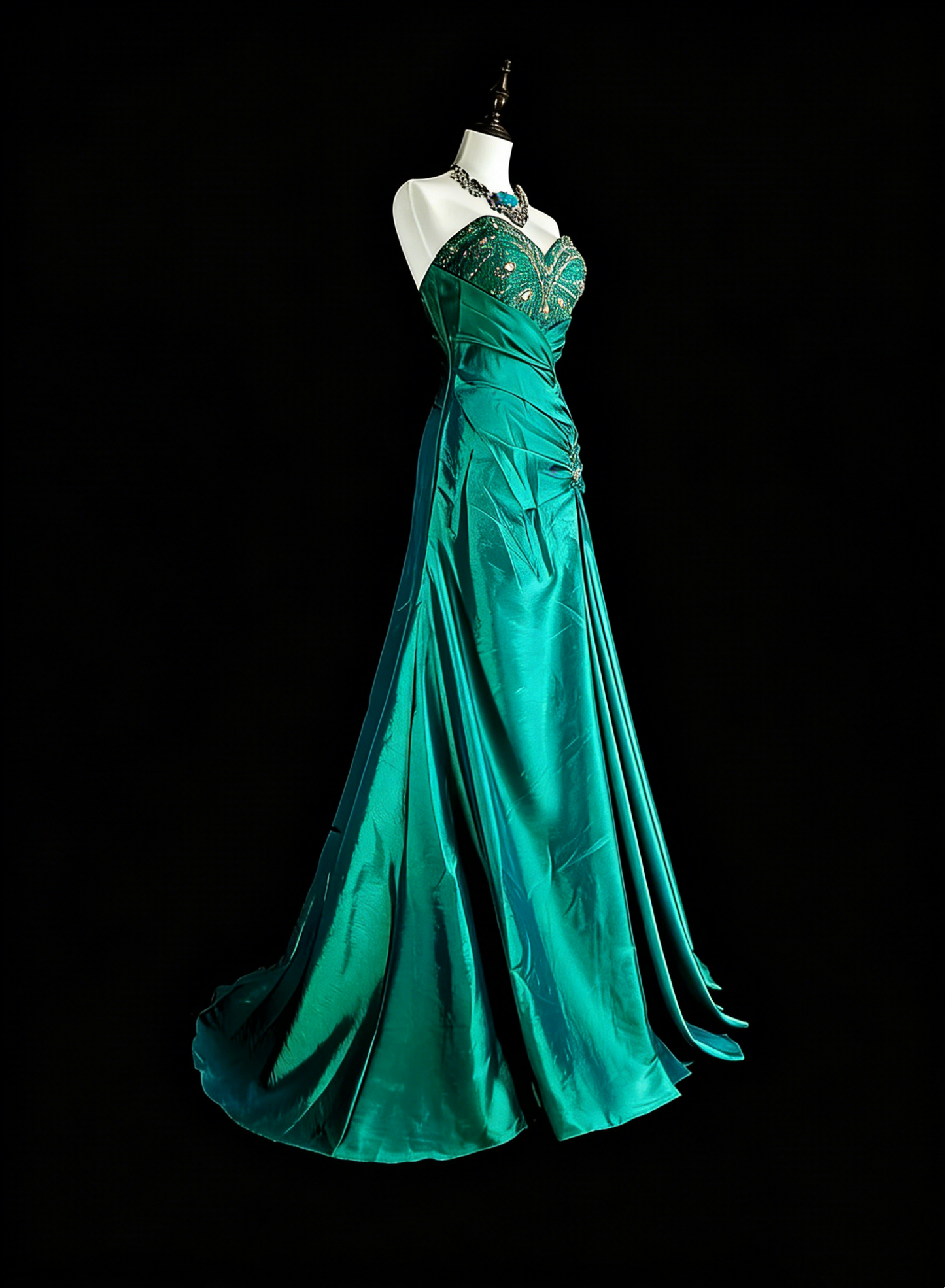 Robe de bal longue vintage sirène vert foncé années 70 avec perles plissées, taille haute, N1839