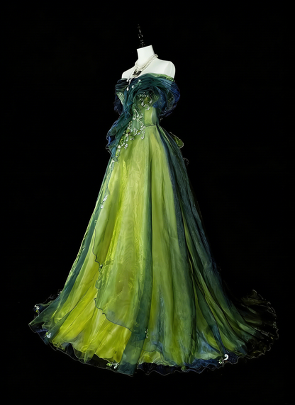 Vintage Ballkleid, trägerlos, grün-schwarz, Tüll, ärmellos, 80er-Jahre-Stil, langes formelles Abendkleid N1466