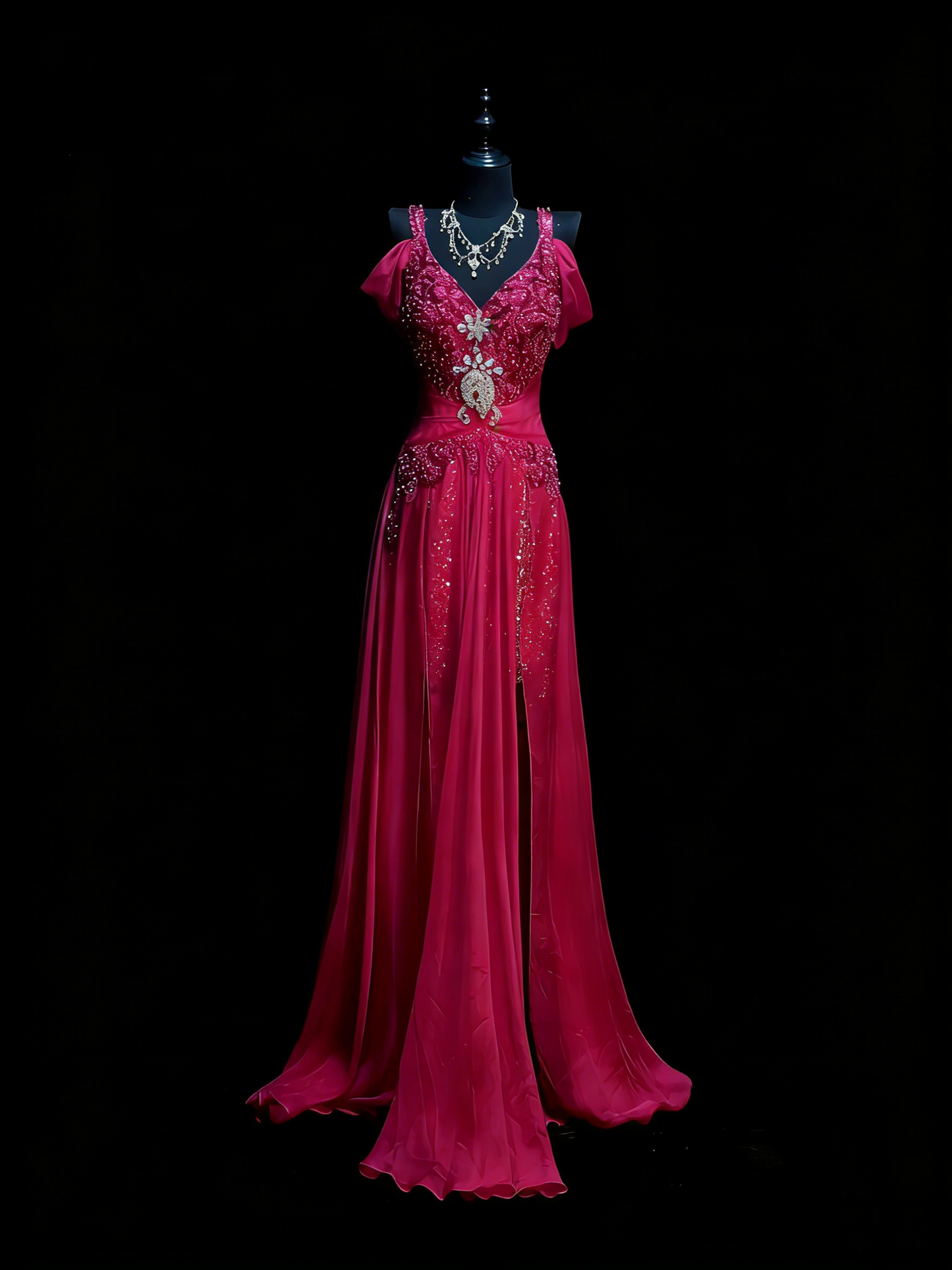 Robe de bal longue en mousseline rose fuchsia, style sirène, décolleté cœur et corsage orné de perles, idéale pour les jeunes filles (N1190).