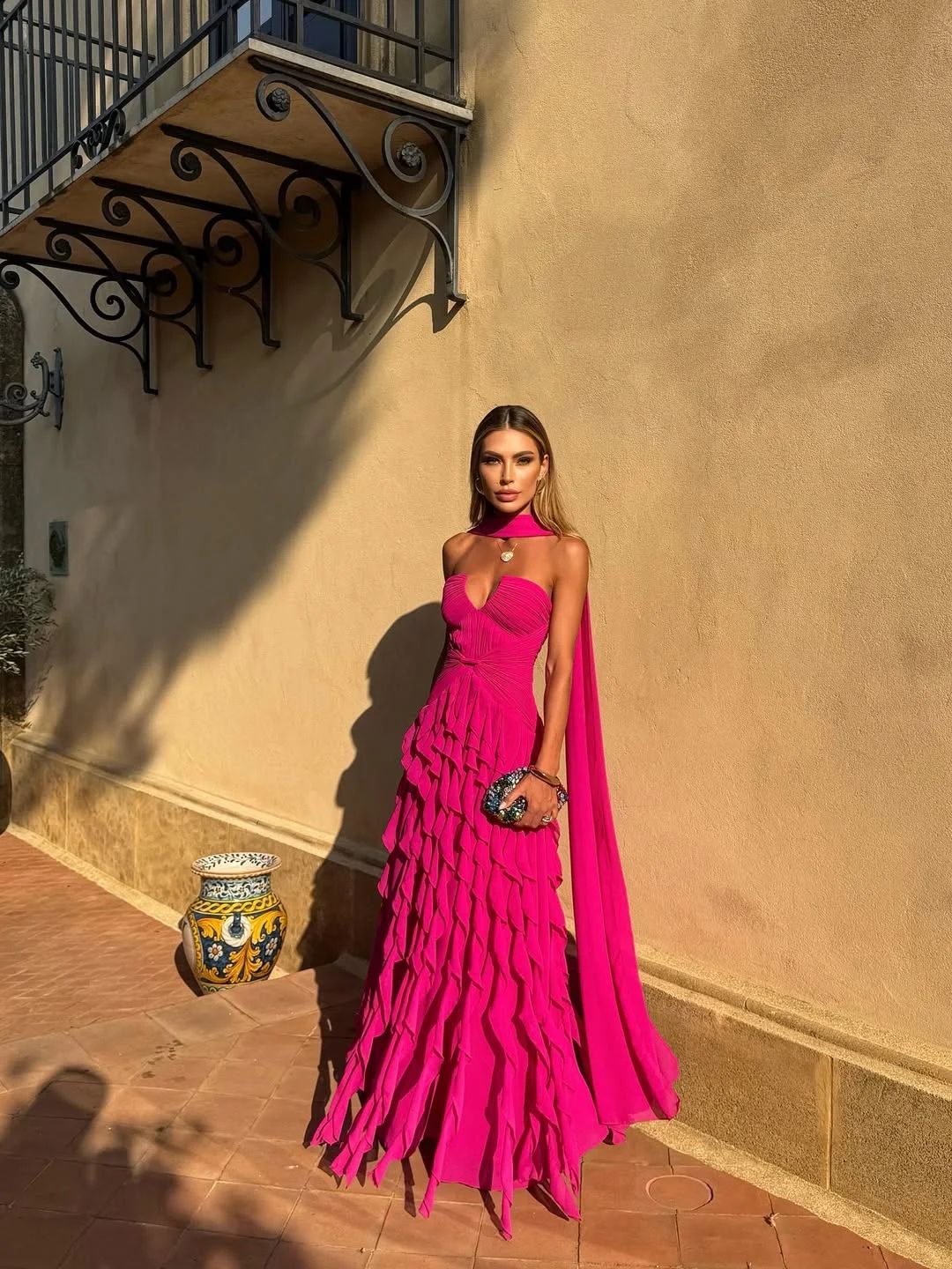 Modest A Line Sweetheart Hot Pink Chiffon Prom Dresses Inspo Simple Long Prom Gowns With Scarf AB236
