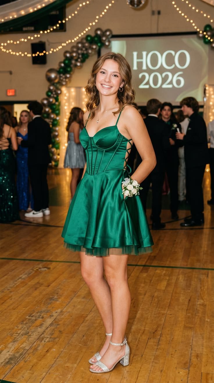 Simple A Line Dark Emerald Green Satin Short Homecoming Dresses Senior High School For Teens Ideas Inspo Short Hoco Court Gowns RB7299