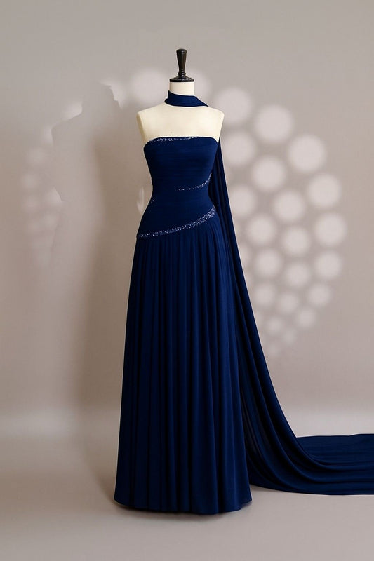 Schlichtes A-Linien-Trägerloses Marineblaues Chiffon-Frühlings-Abendkleid Lange Ballkleider N2681