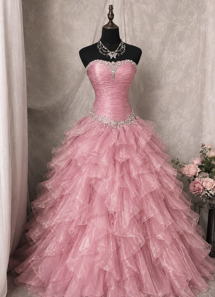 Cute Ball Gown Strapless Pink Tulle Tiered Layers Long Prom Dress Birthday Sweet 15 16 Birthday Outfits RC1347