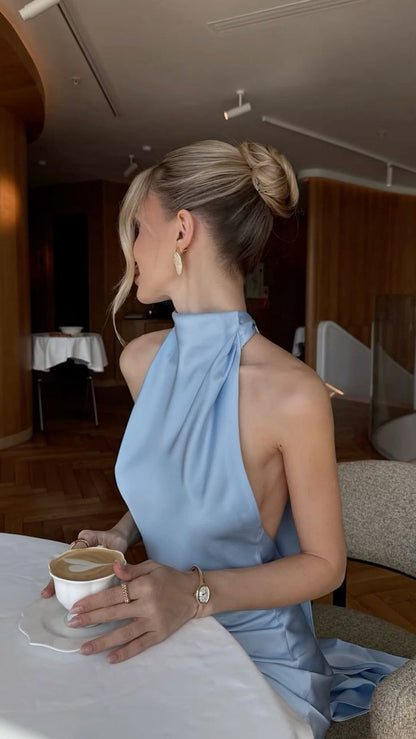 Robe de soirée sirène sexy bleue dos nu à col montant, longue, pour l'été, la plage, tenue de soirée noire, robe d'invitée de mariage N1409