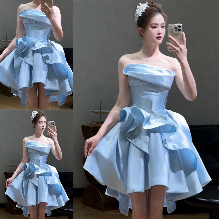Süßes Ballkleid Trägerloses Pastellblaues Satin Senior High School Abschlussparty-tauglich Kurzes Homecoming Kleid RB4422