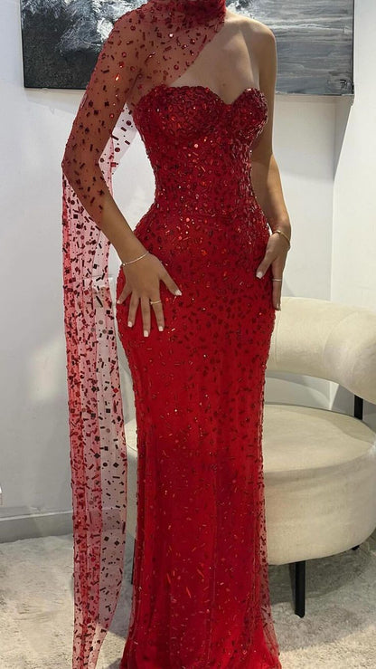 Robe de bal sirène élégante en tulle bordeaux ornée de perles et décolleté cœur - Inspiration pour adolescentes - Tenue de soirée - Robe de bal AB026
