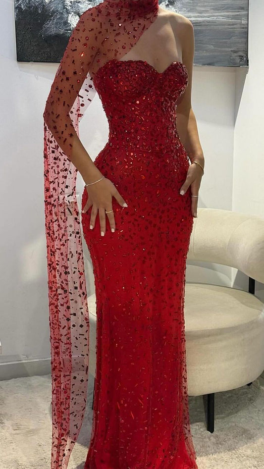 Robe de bal sirène élégante en tulle bordeaux ornée de perles et décolleté cœur - Inspiration pour adolescentes - Tenue de soirée - Robe de bal AB026
