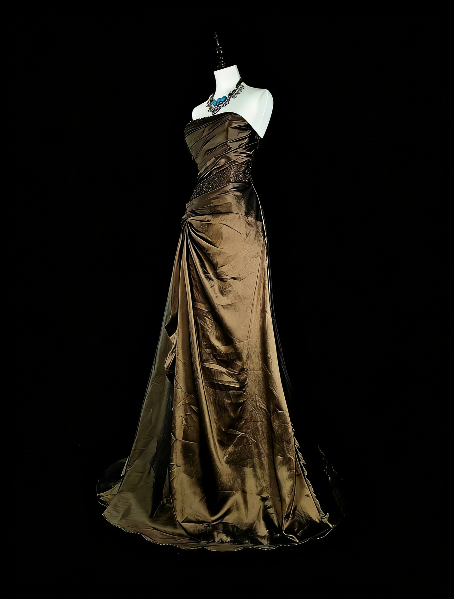 Robe de bal vintage, style rétro années 1950, sirène, bustier, longue, marron, ornée de perles N2009