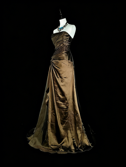 Robe de bal vintage, style rétro années 1950, sirène, bustier, longue, marron, ornée de perles N2009