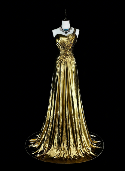 Vintage A Line One Shoulder Gold Pleated Sleeveless 80s Prom Dresses Long Formal Party Gown N1469