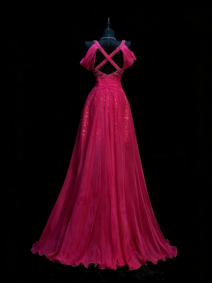 Robe de bal longue en mousseline rose fuchsia, style sirène, décolleté cœur et corsage orné de perles, idéale pour les jeunes filles (N1190).