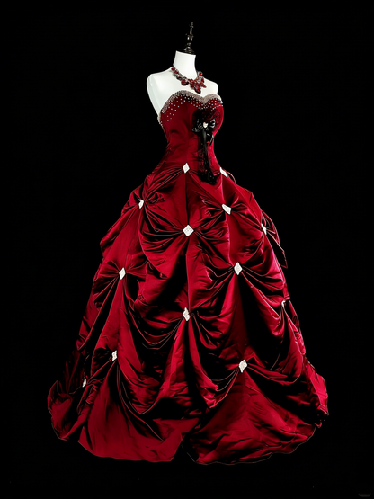 Robe de bal vintage bordeaux à décolleté cœur et volants, idéale pour les 16 ans et les quinceañeras (taille 15), référence N1827