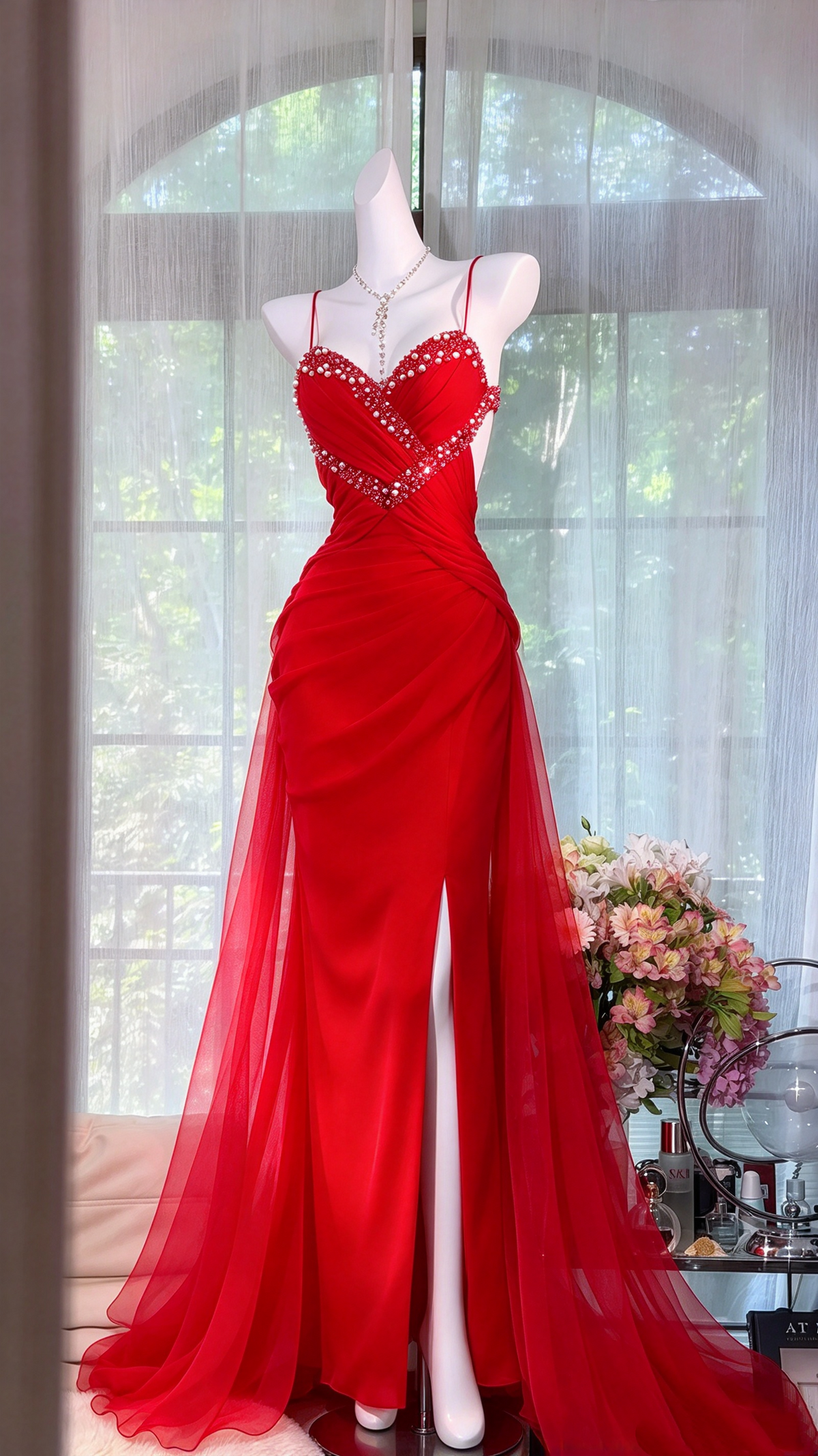 Sexy Mermaid Spaghetti Straps Red Chiffon Slit Beaded Long Prom Dresses Inspo Party Gown RC1282