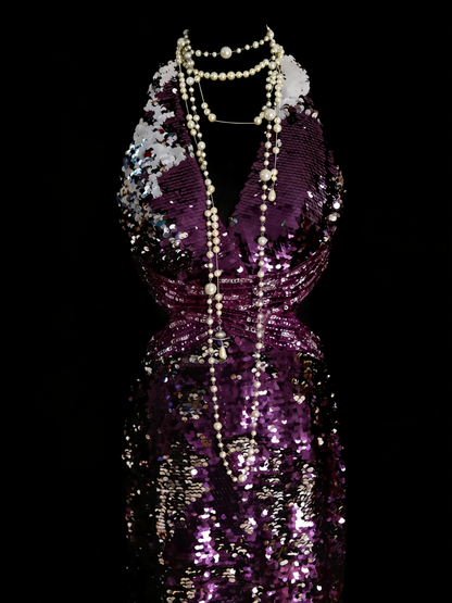 Vintage Prom Dresses Aesthetic 1960s Retro Grape Sequins Backless Mermaid Long Party Dress N2136